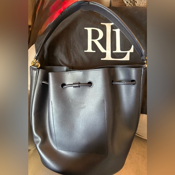 Ralph Lauren Navy Leather Drawstring Shoulder Bucket Bag with Gold RL Accent - Picture 9 of 9